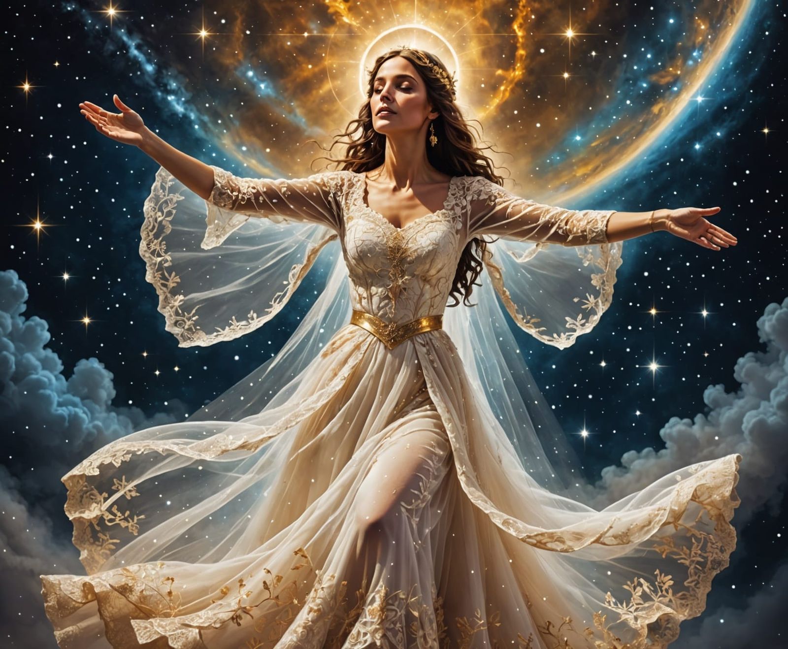 Bride Dancing in Cosmic Nebula, Ethereal Fantasy