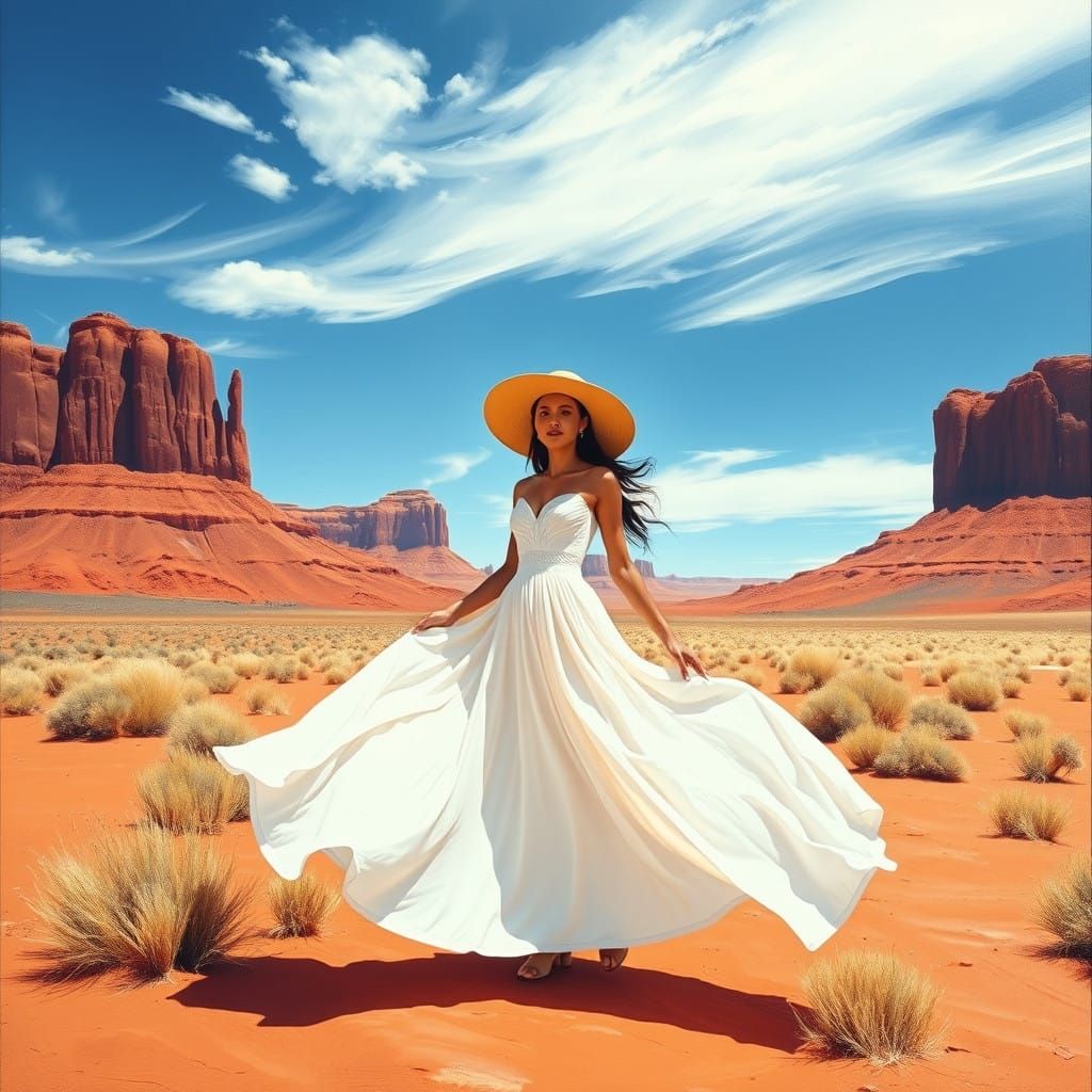 Woman in Desert Landscape with Vibrant Red Rock Formations