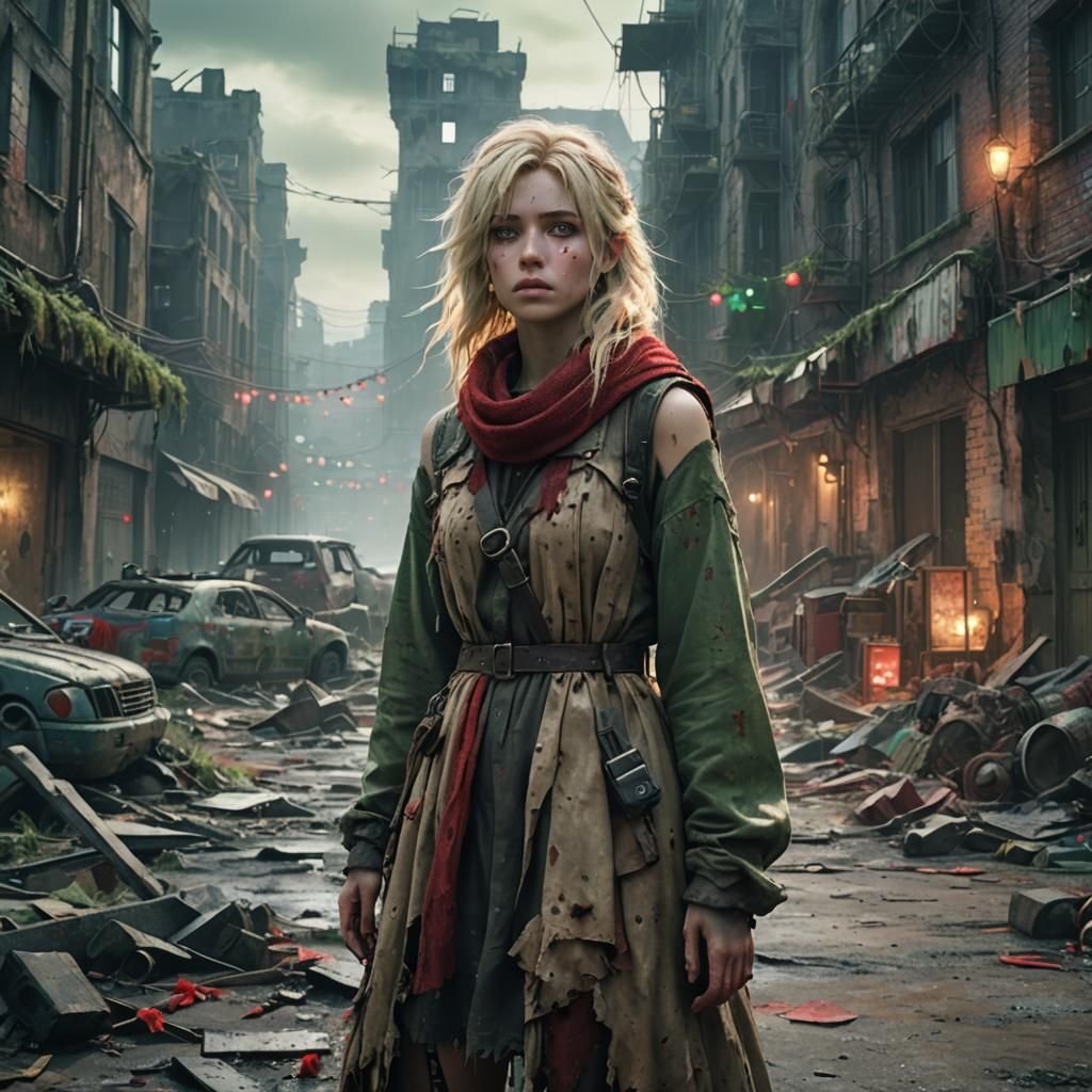 Young Woman Stands Alone in Post-Apocalyptic Christmas City
