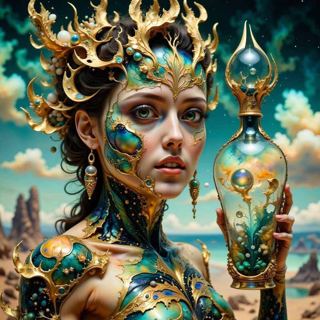 Regal Aqua Goddess in Futuristic Oceanic Headdress