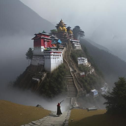Tibetan Monk in McLeod Ganj: Surrealist Oil Painting