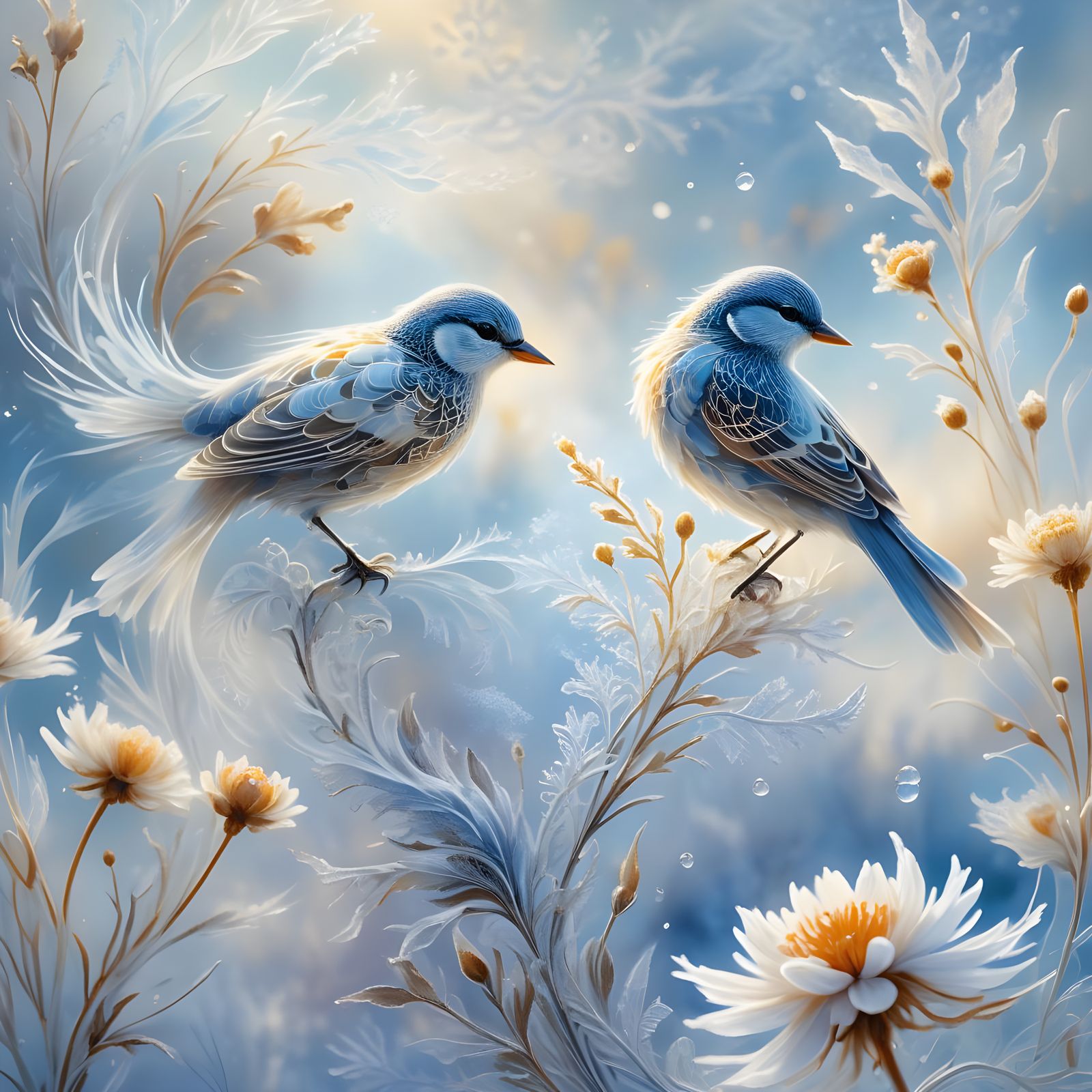 Ethereal Translucent Bird and Flower with Frost Patterns
