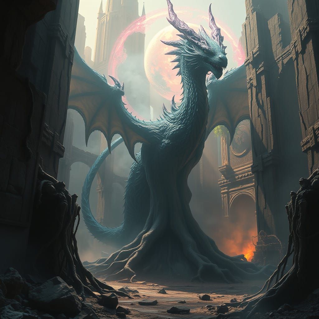 Ancient Dragon Emerges from Ruined City in Mystic Vortex