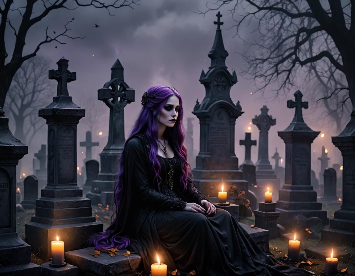 Gothic Lady in Cemetery with Candles