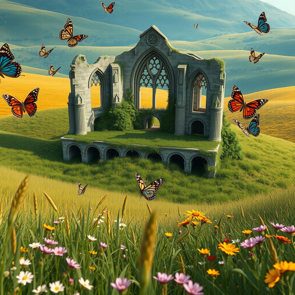 Mystical Abbey Ruins in Summer Landscape