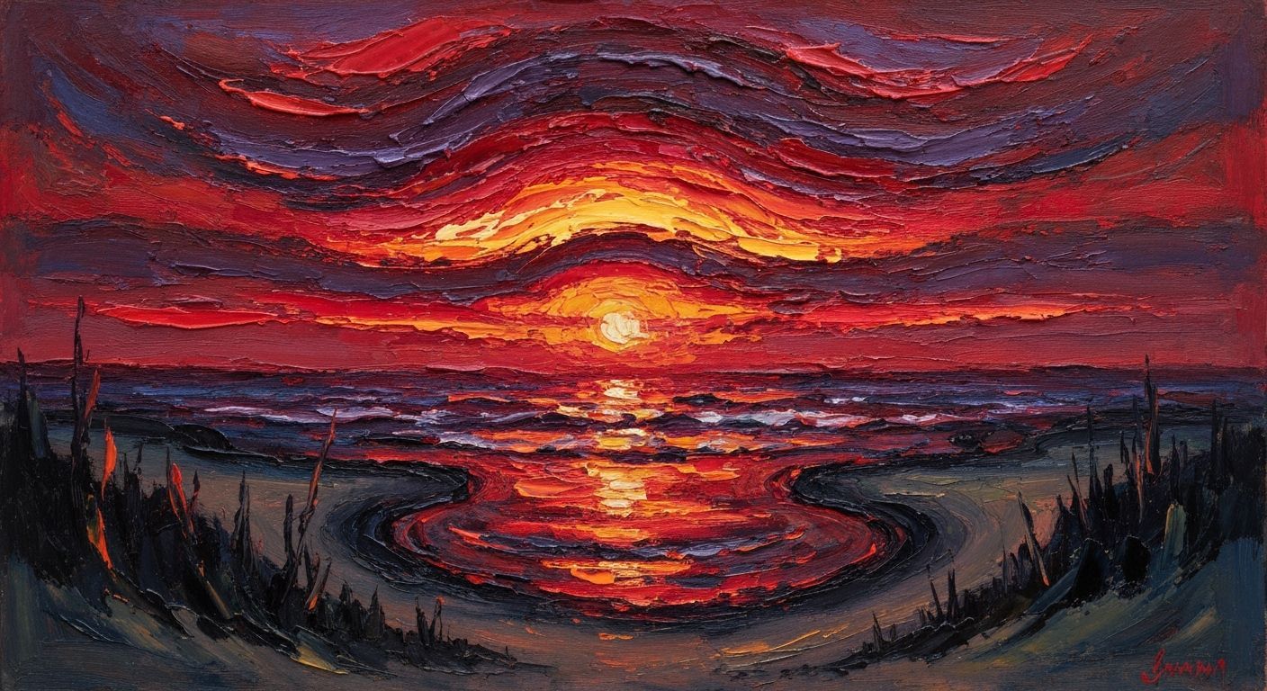 Crimson Sunset Over Desolate Beach Oil Painting