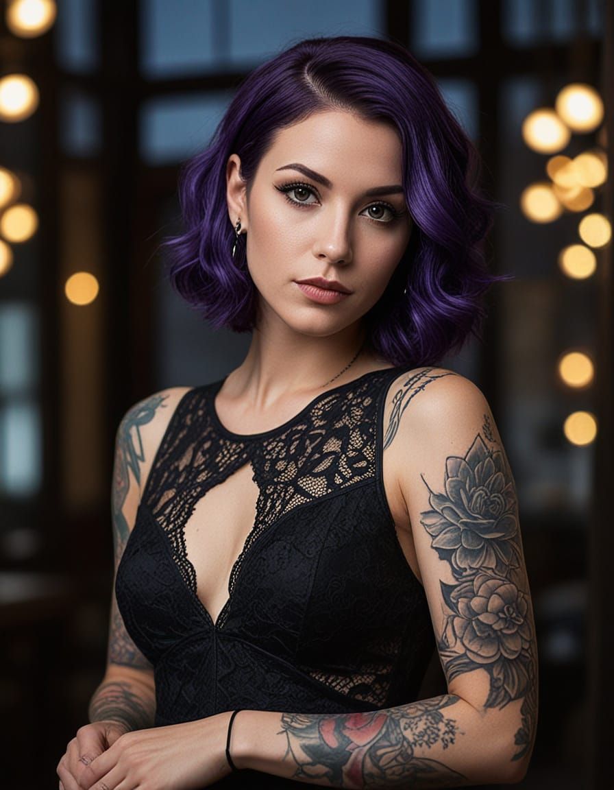 Purple-Haired Beauty in Lacy Dress: Professional Photography