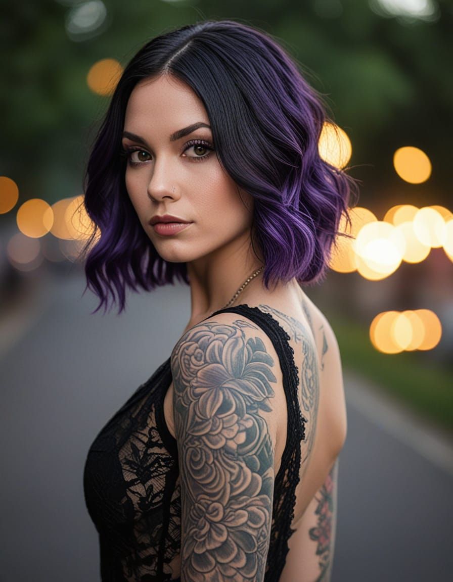 Purple-Haired Woman in Black Dress: Cinematic Portrait
