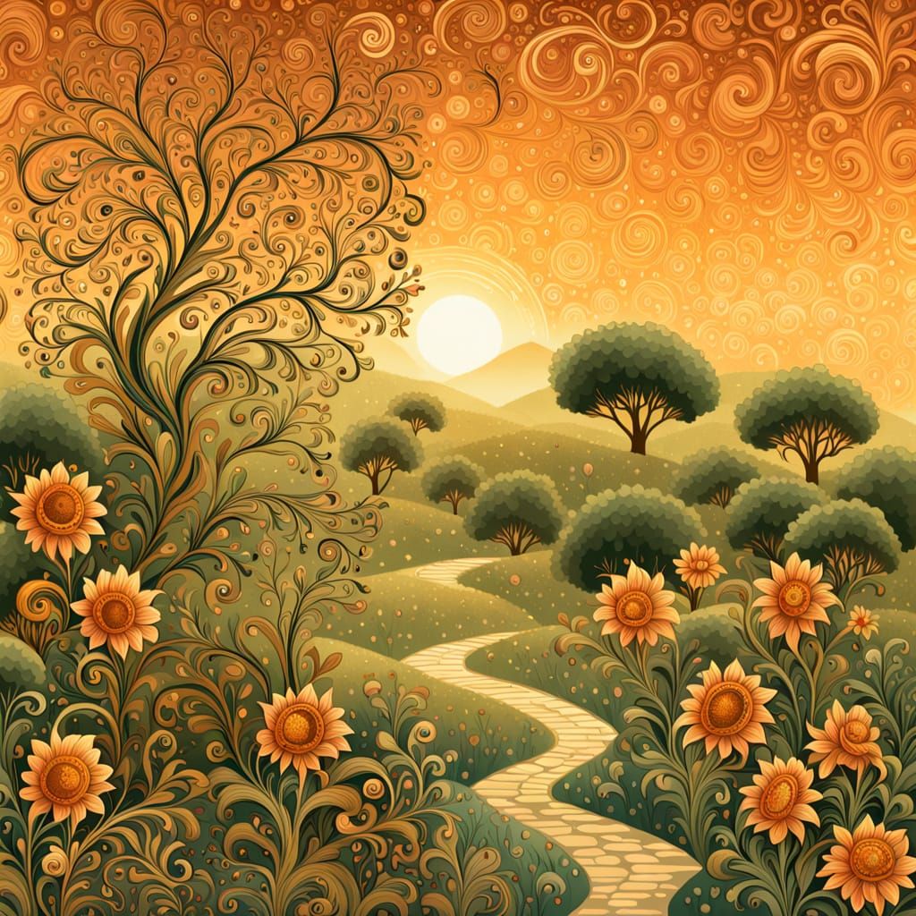 Abstract Flower Garden Under Golden Sunset Sky