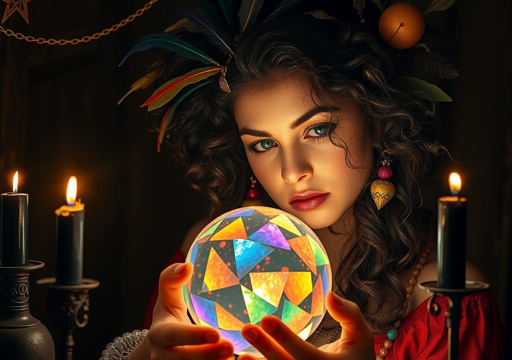 Mystical Gypsy Woman Gazing into Crystal Ball