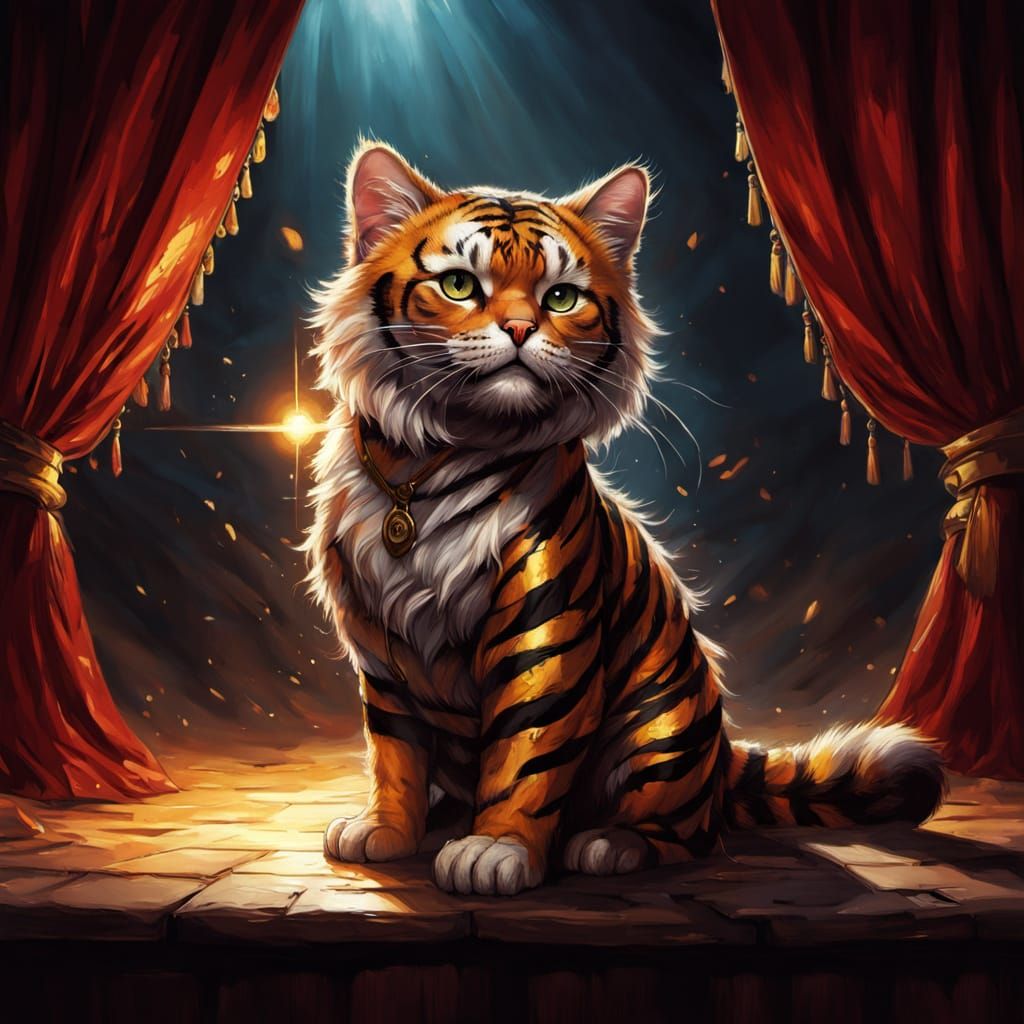 Tiny Cat in Tiger Costume on Stage, Vibrant Oil Painting