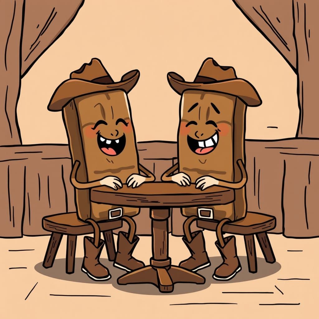 Cartoon Chocolate Cowboys at Saloon Laughing