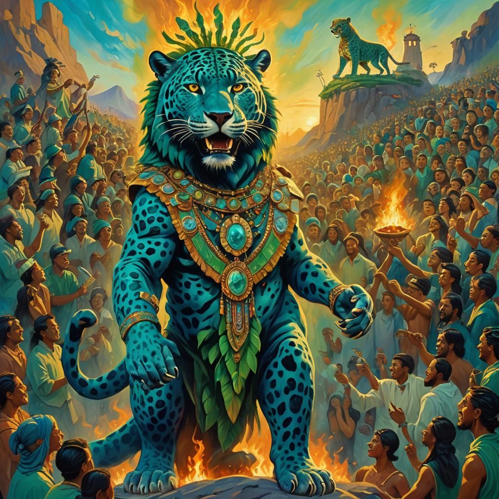 Blue Jaguar Shaman in Surrealist Triadic Oil Painting