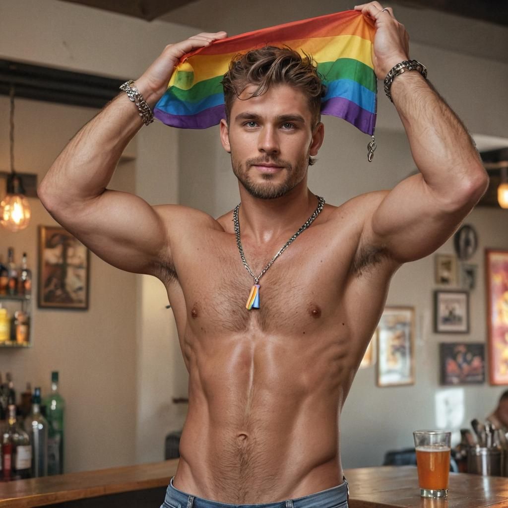 Attractive Man with Rainbow Flag in Bar, Splash Art