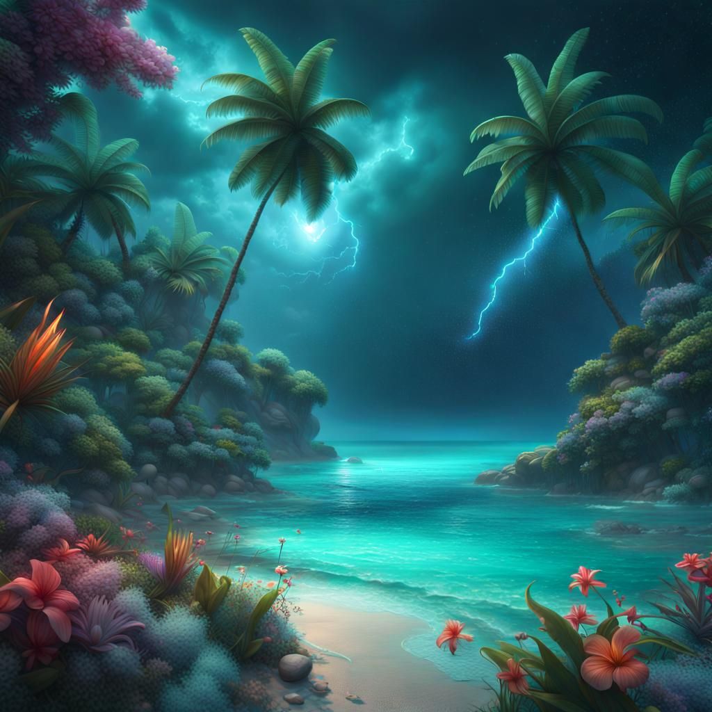 Enchanted Tropical Beach with Starry Sky