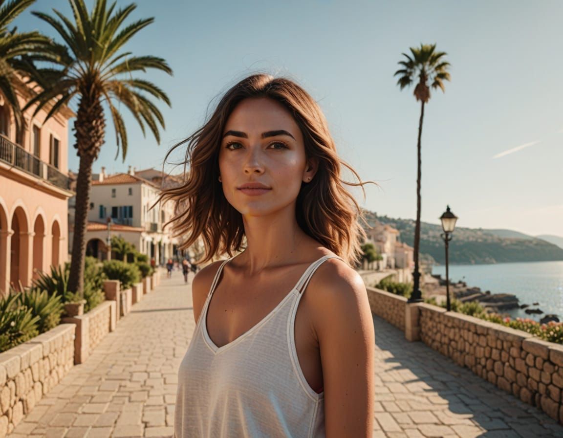 Charming European Woman on Seaside Walkway in Mediterranean ...