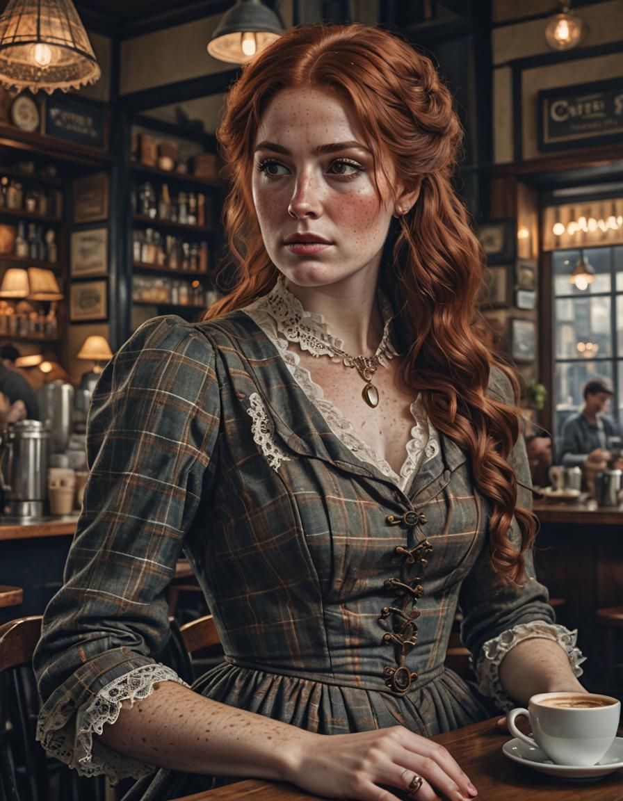 Victorian Woman Portrait in Coffee Shop: Digital Painting