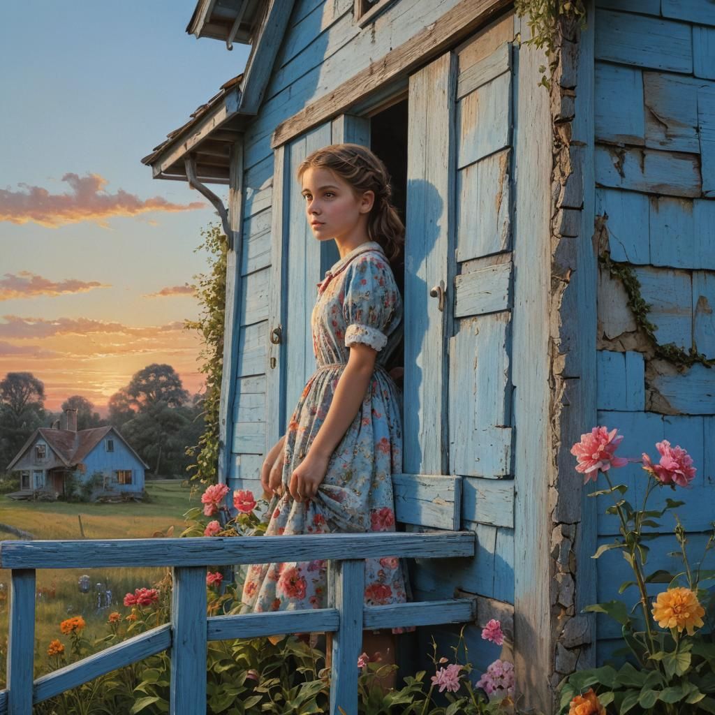 Girl at Cottage Porch in Alcohol Ink Style