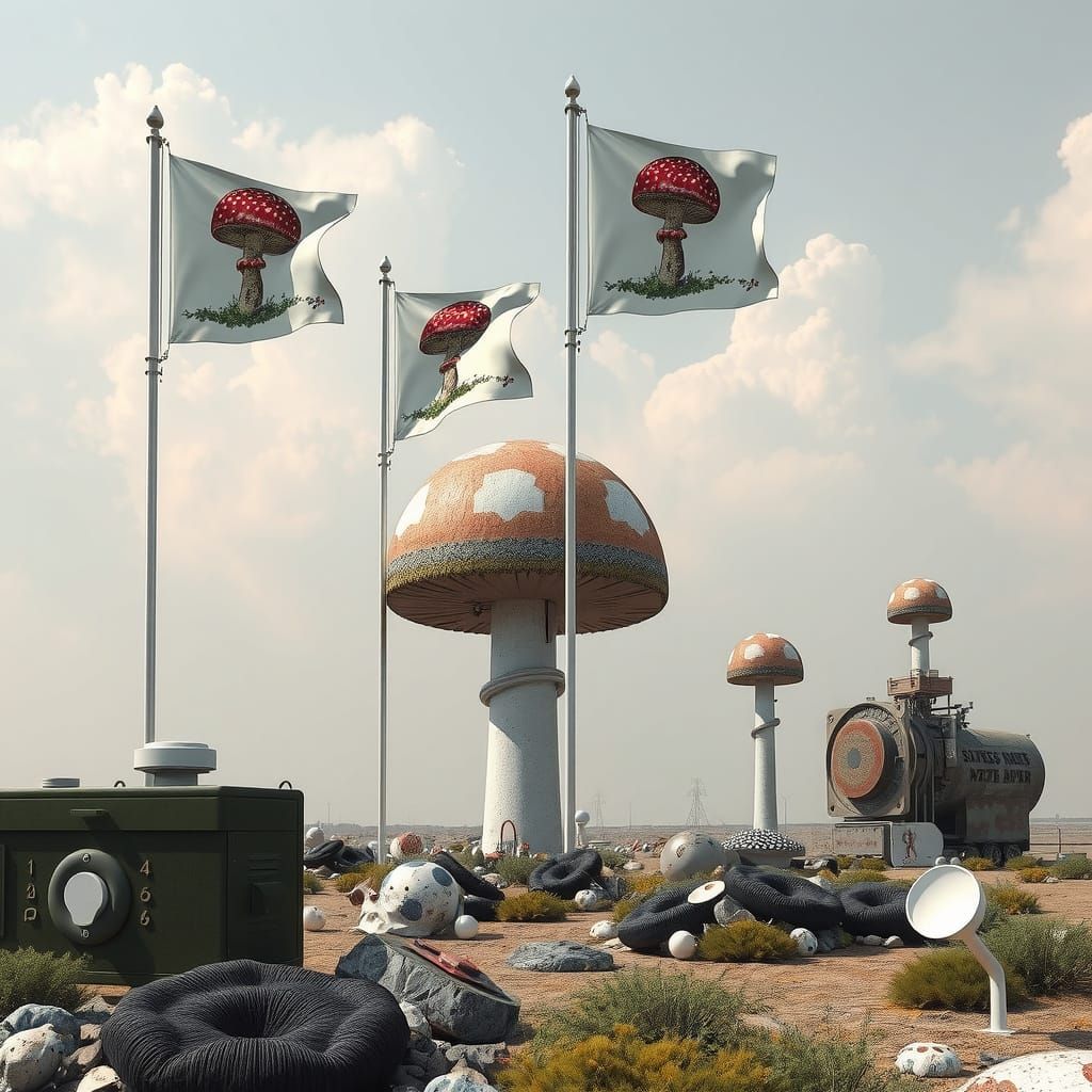 Dystopian Landscape with Mushroom Flags in Monochrome