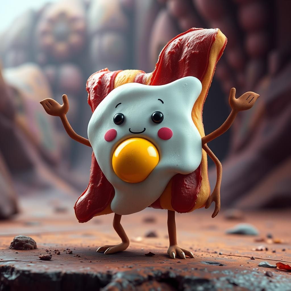 Anthropomorphic Bacon and Egg Sandwich in Fantasy Art Style