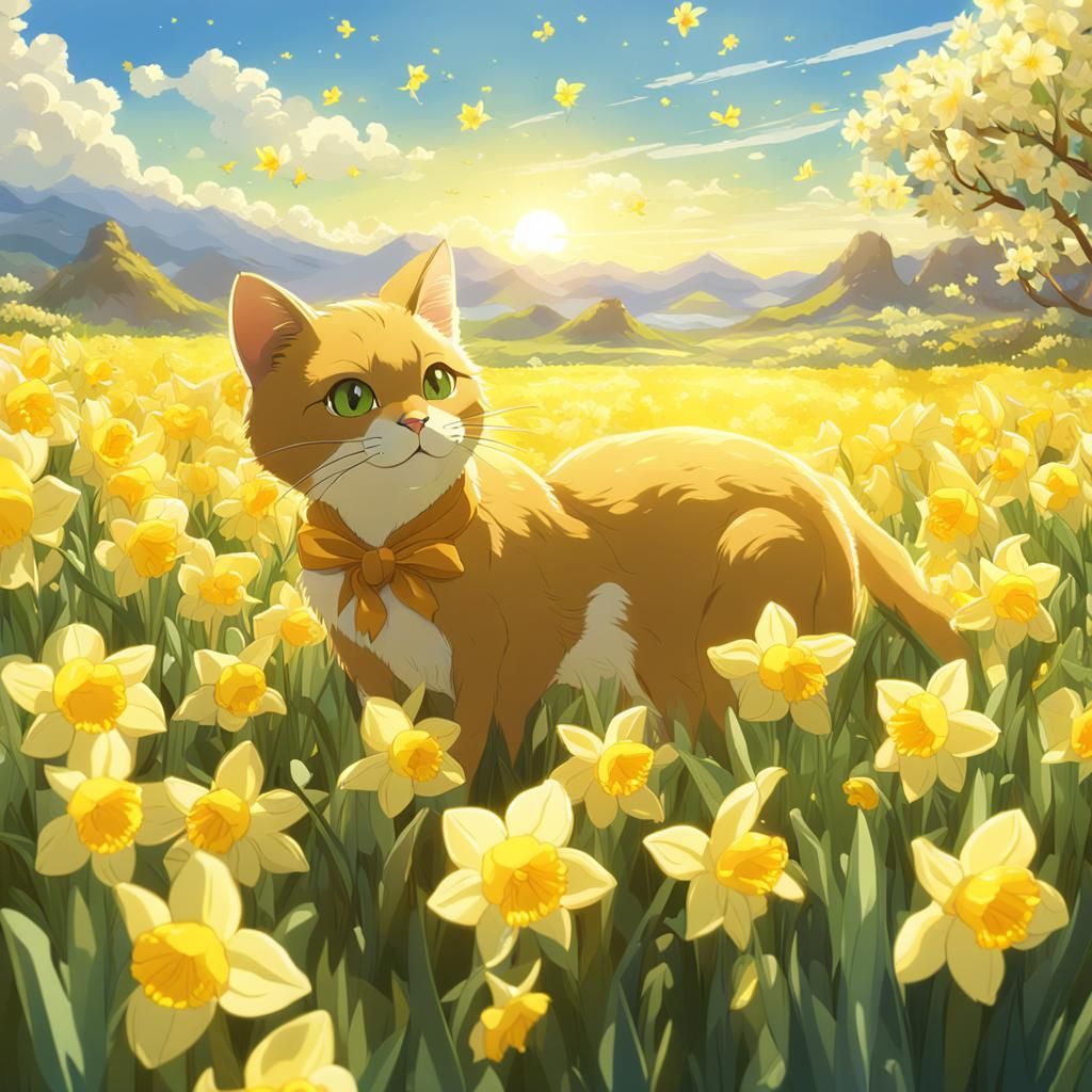 Golden Cat in Daffodils: Studio Ghibli Anime