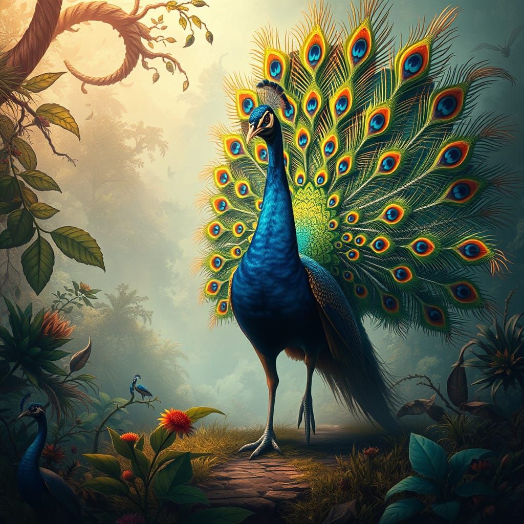 Vibrant Peacock Winks in the Wild, in Unreal Engine 5 Style