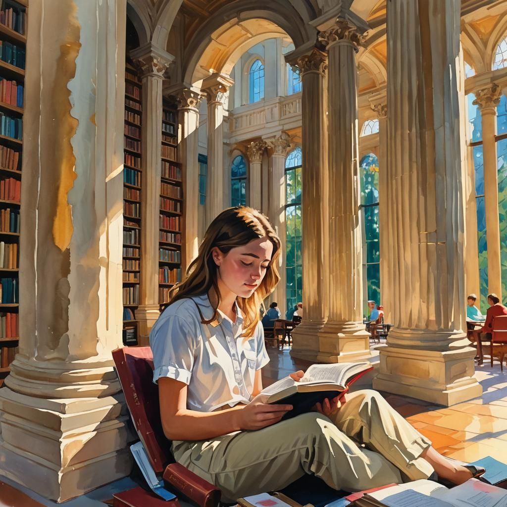 Girl Reading in Library as Impressionist Gouache