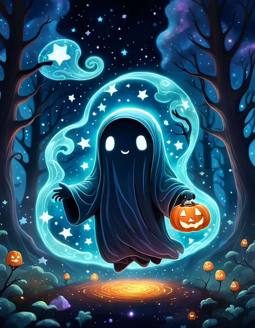 Adorable Chibi Ghost Holding Spooky Sign