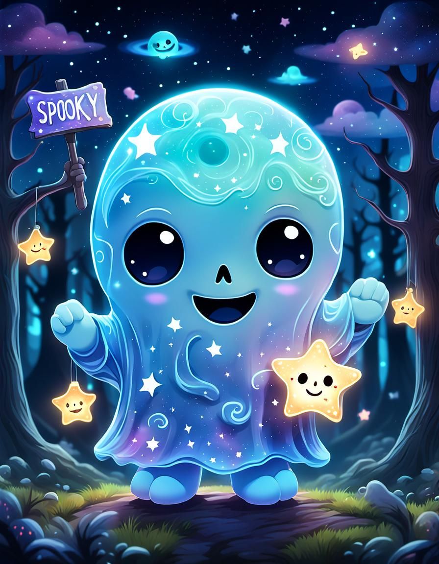 Chibi Ghost in Haunted Forest with Galaxy Sky