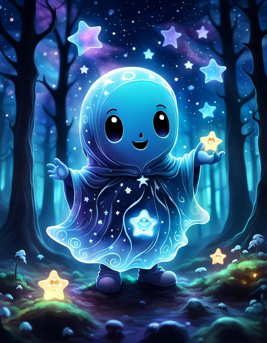 Adorable Ghost Holds Spooky Sign in Galaxy Forest