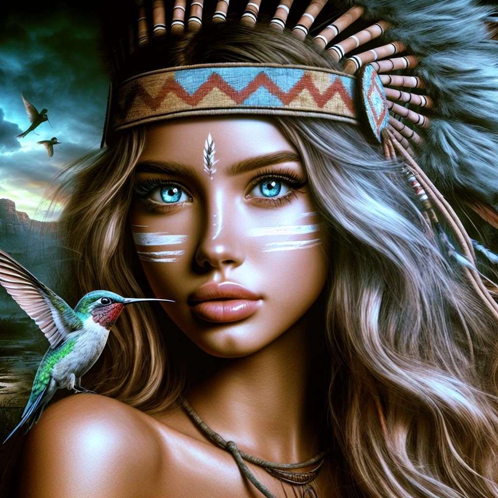 Indian Woman with Hummingbird in Cinematic Style