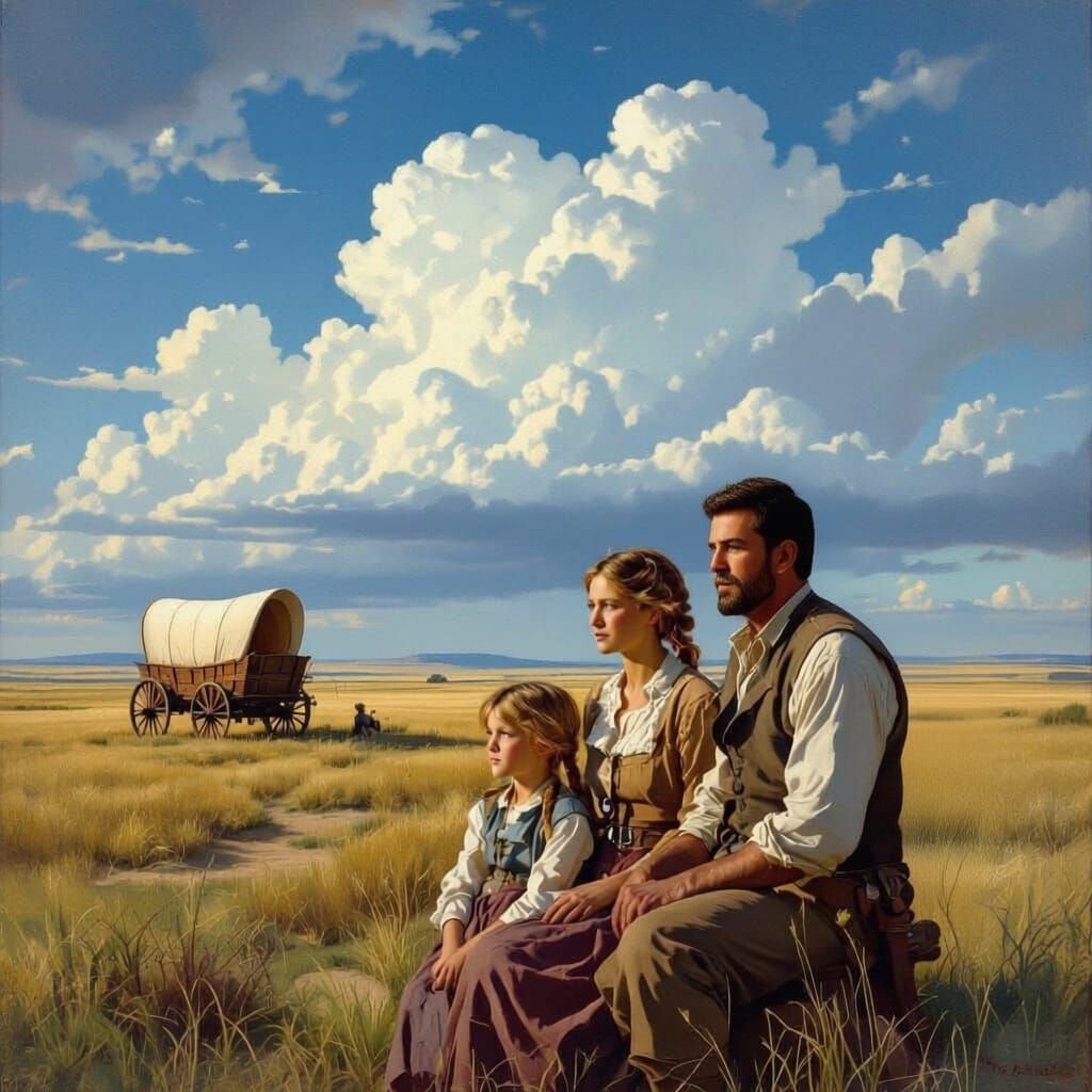 19th Century Pioneer Family on Prairies, Epic Landscape