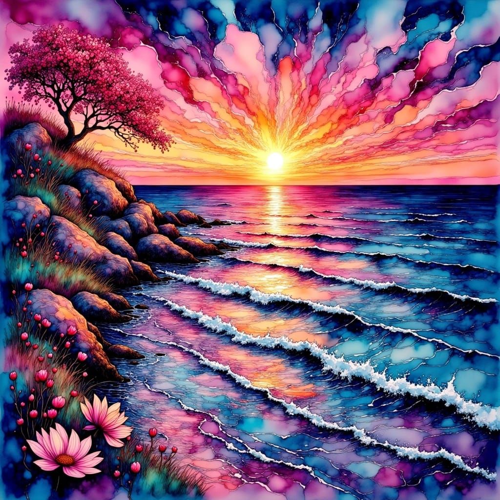 Vibrant Surreal Ocean Waterfront at Sunset in Alcohol Ink