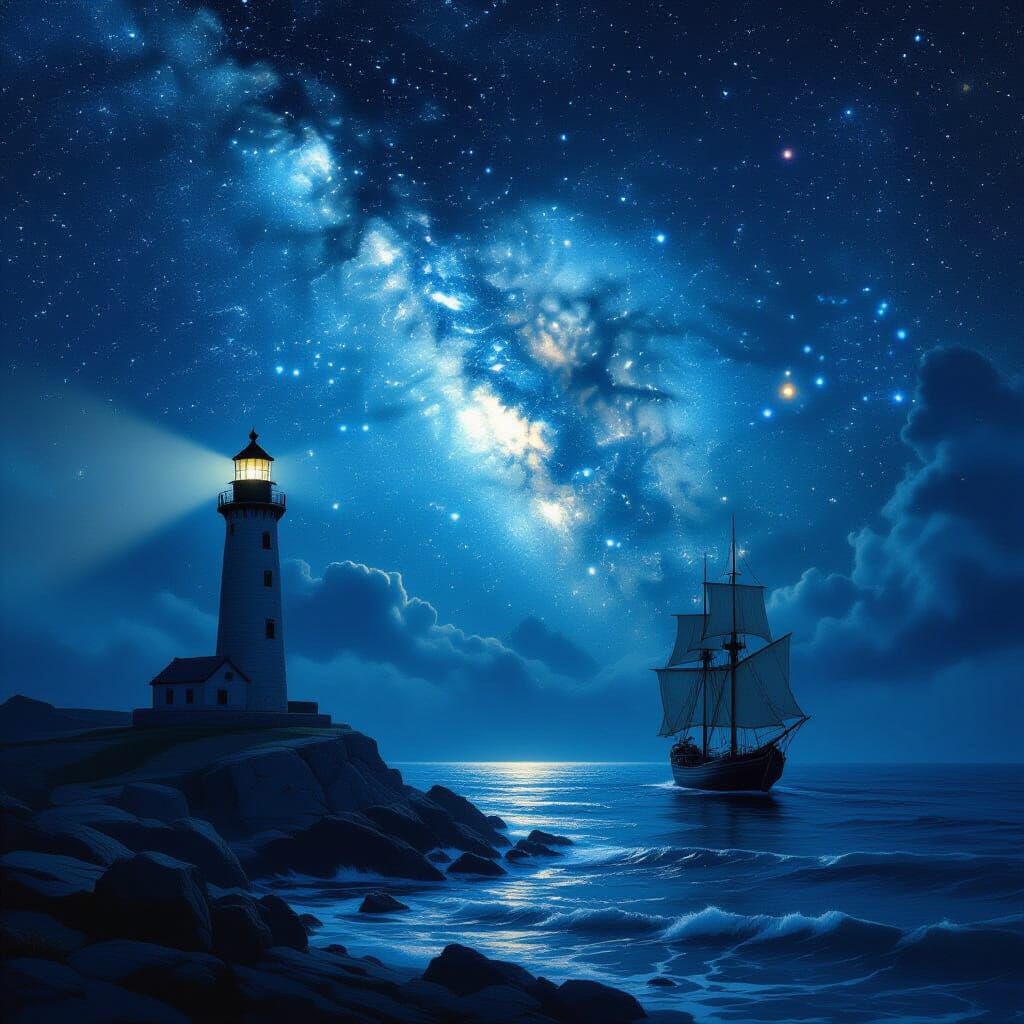 Lighthouse Under Starry Sky in Digital Art Style