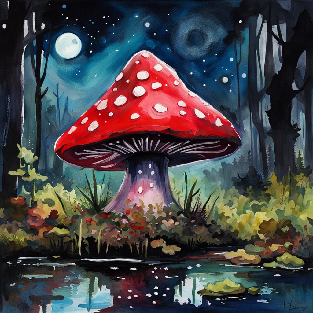 Gothic Horror Toadstool in Impressionist Gouache Style