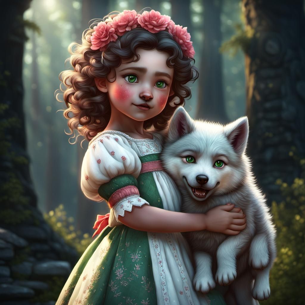 Toddler in Traditional Dress Hugging Wolves