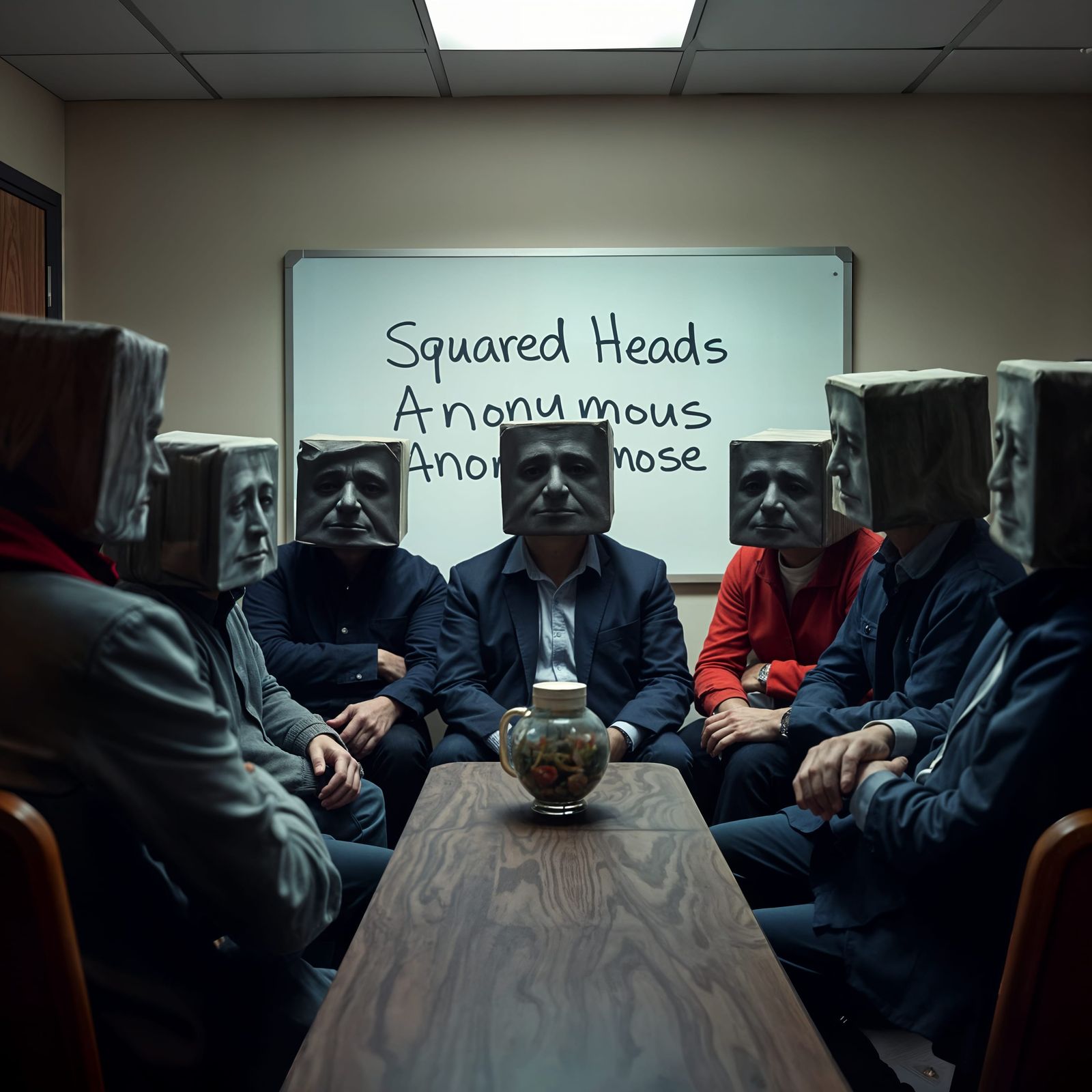Surreal Group Meeting with Square Heads in a Mundane Setting
