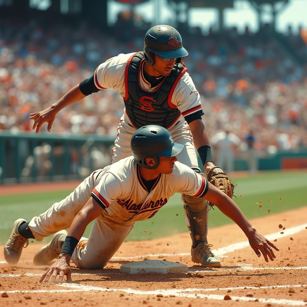 Dramatic Baseball Sliding Play in Vibrant Stadium