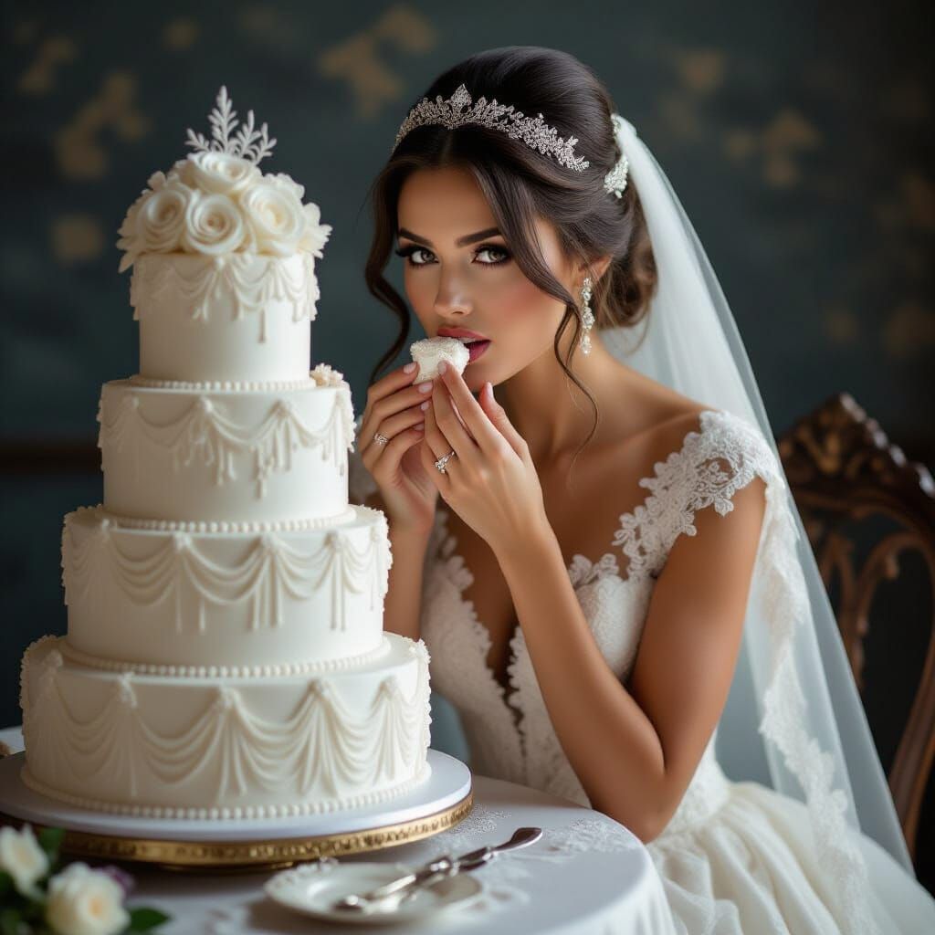 Bride Bites Cake in Gothic Romantic Style