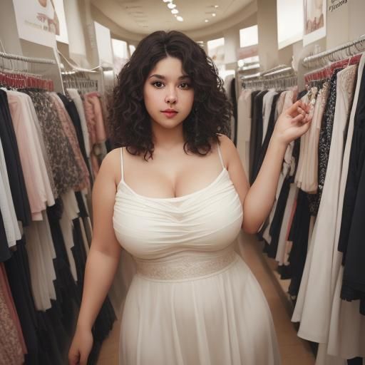 Woman in Fitting Room Deciding on Dresses