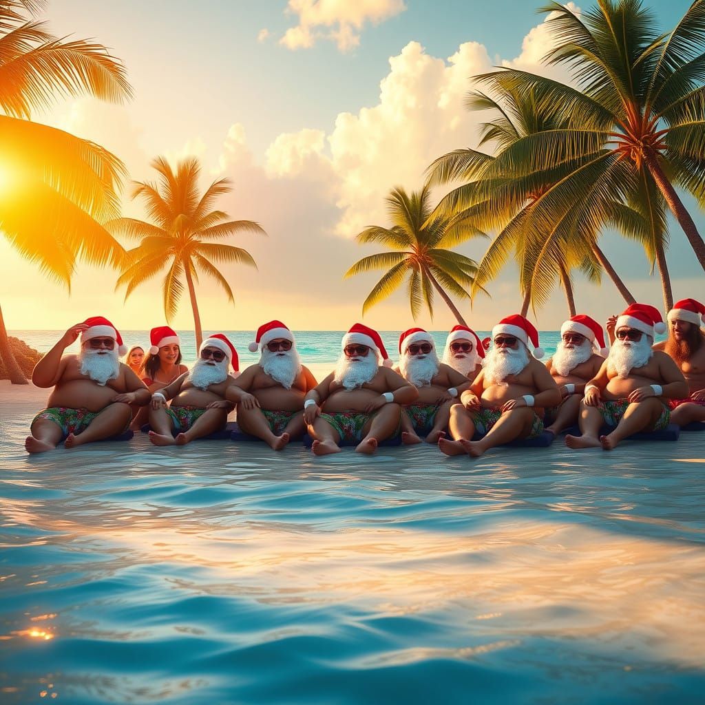 Santas Unwind on Vibrant Hawaiian Beach