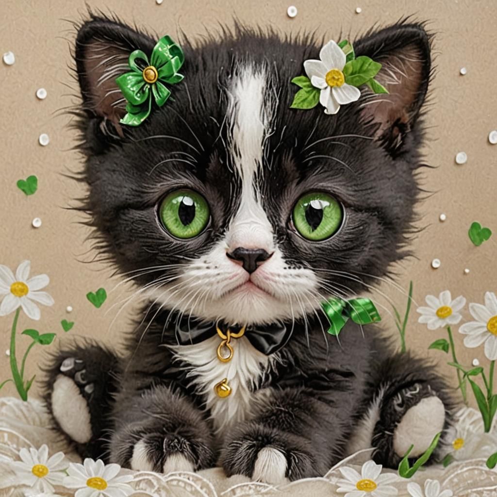 Adorable Tuxedo Cat with Big Green Eyes