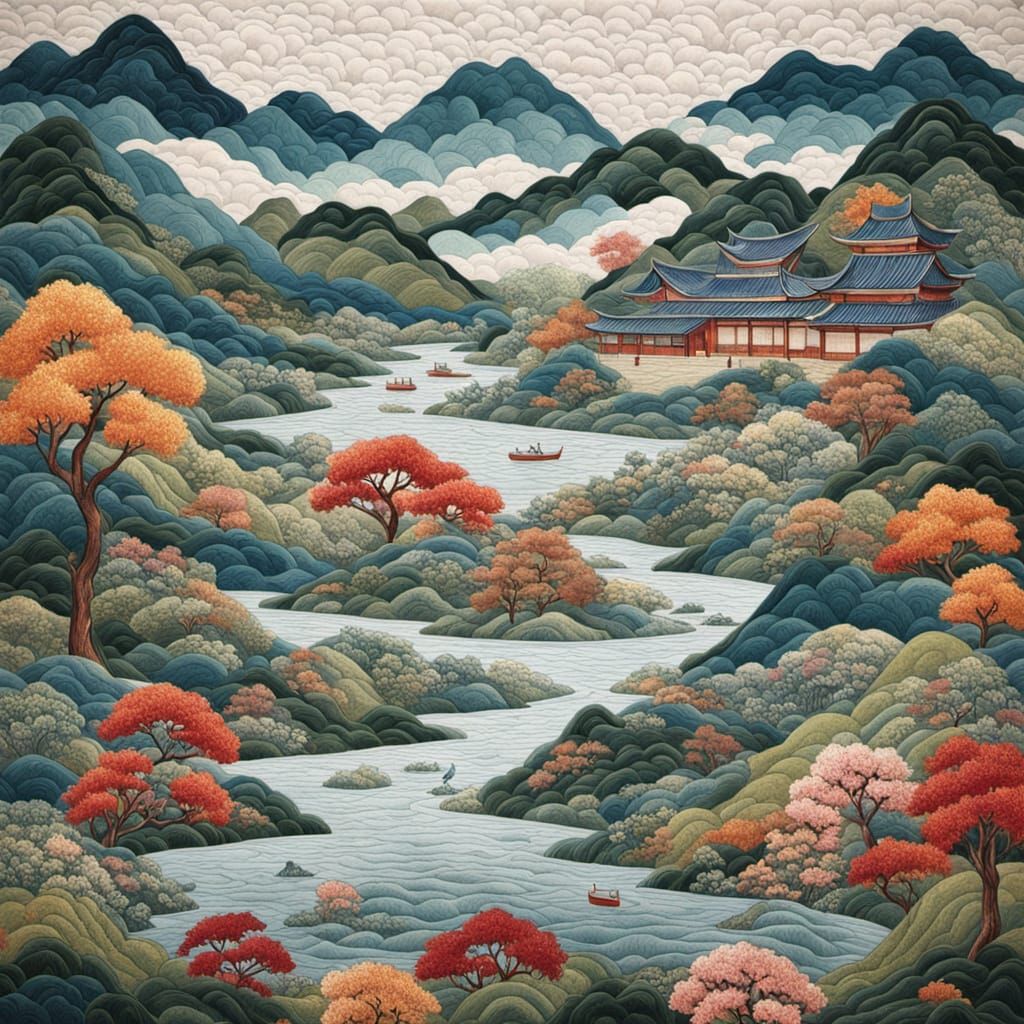 Serene Quilted Chinese Landscape in Traditional Silk Embroid...