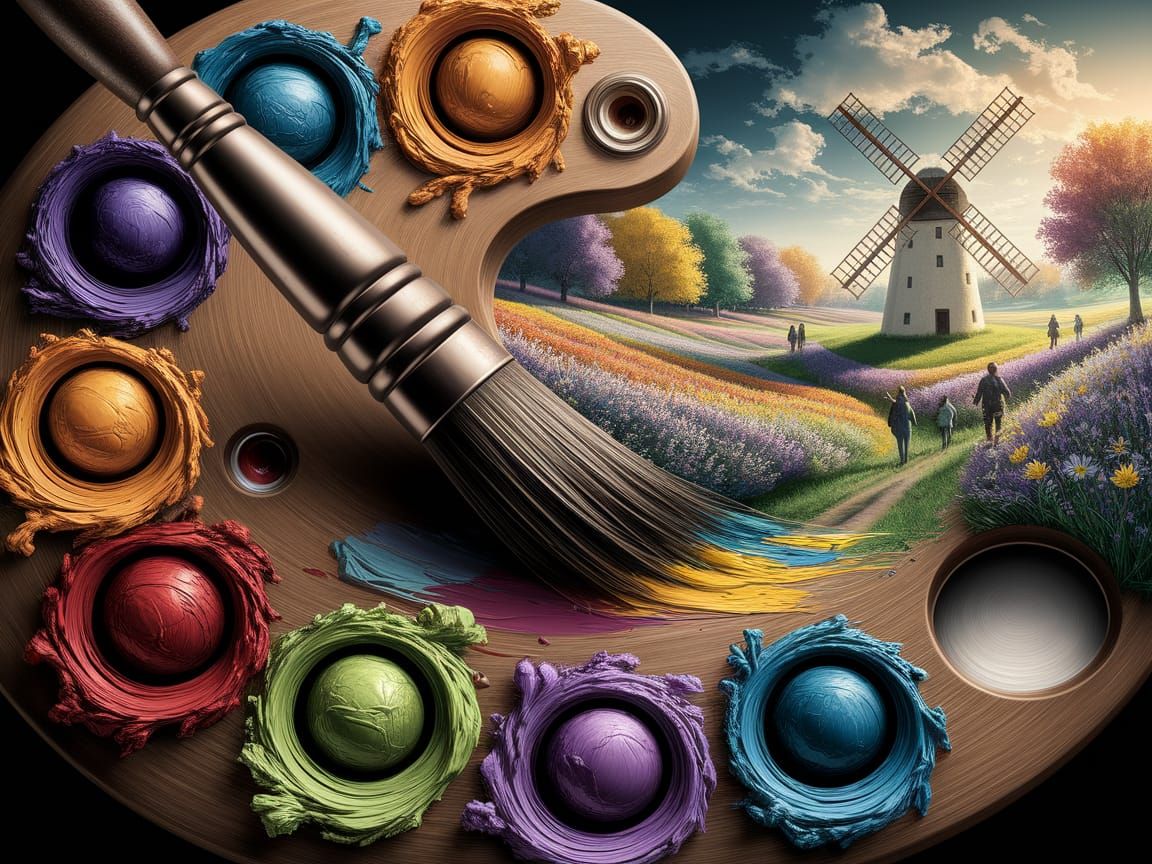 Fantasy Painter's Palette with Miniature Impressionist Lands...