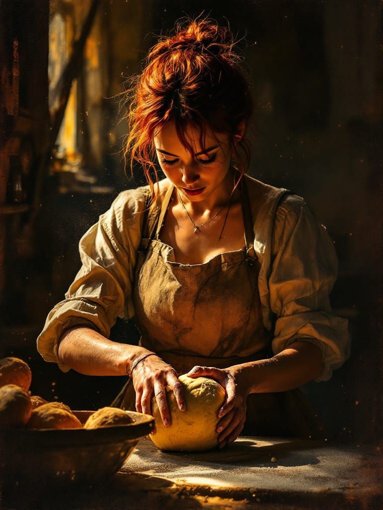 Redhead Baker in Luminous Twilight Kitchen