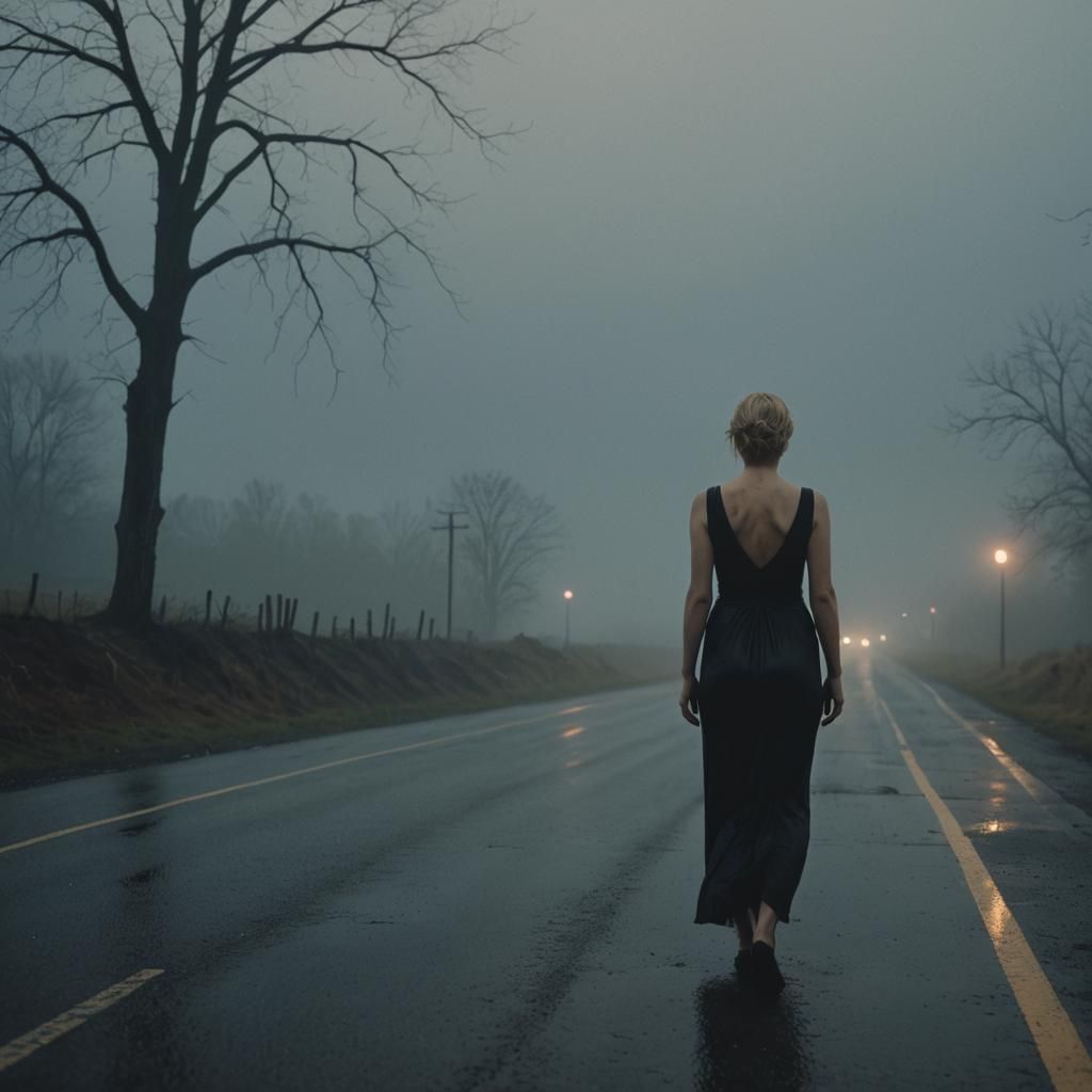 Eerie Hitchhiker in Film Noir Style