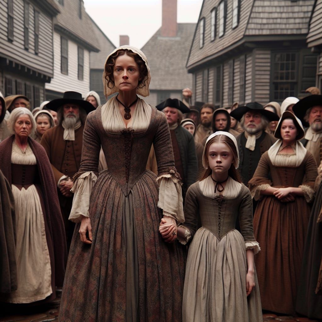 Hester and Pearl Prynne walking defiantly through the colony