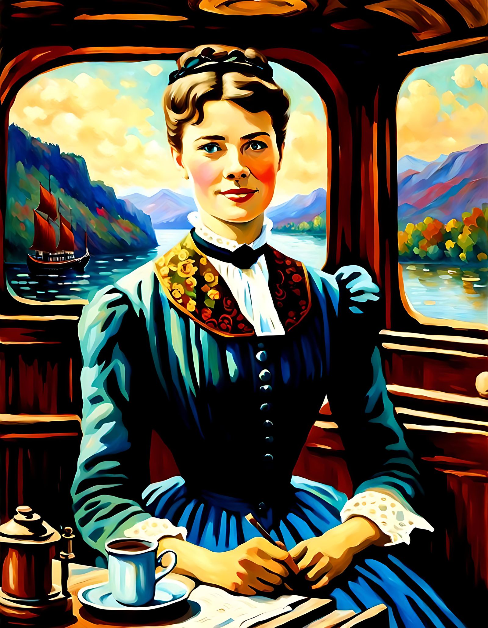 Nellie Bly's Steamboat Journey: A Monet-Style Portrait