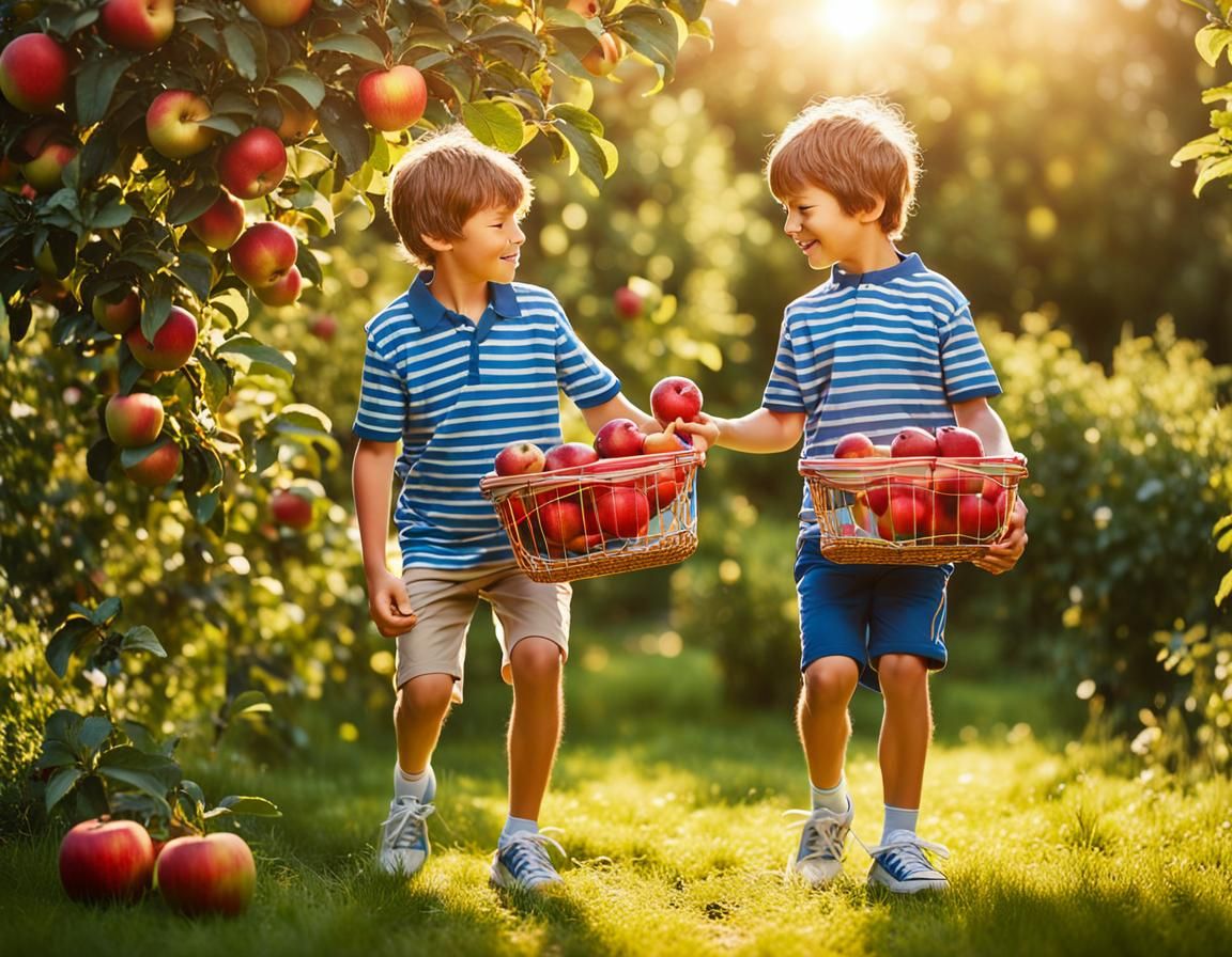 Brothers Picking Apples in Sunny Garden