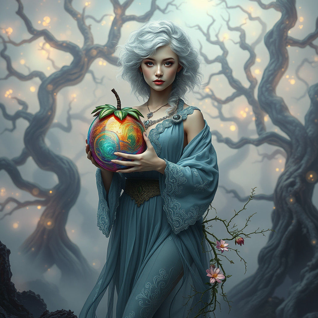 Ethereal Woman with Iridescent Fruit in Dreamscape